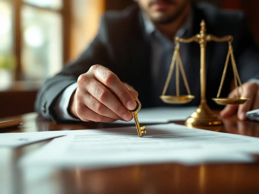 Zakelijke handen houden gouden sleutel vast boven contracten op mahonie boardroom tafel met weegschaal op achtergrond