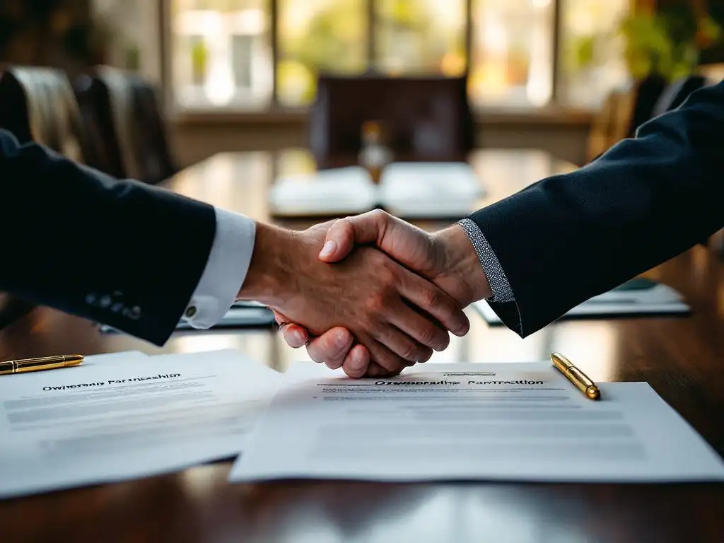 Zakelijke handdruk tussen eigenaar en werknemer boven contractdocumenten op mahoniehout vergadertafel