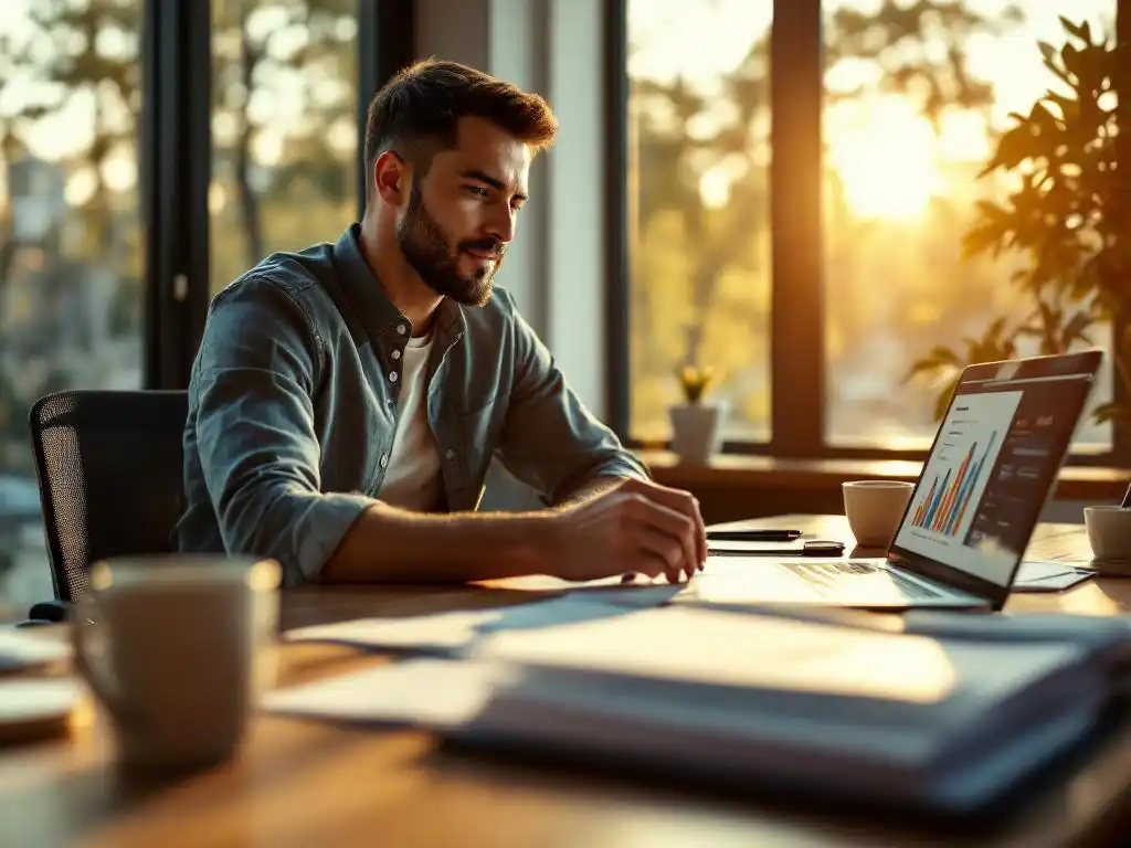 Zakenvrouw bekijkt financiële documenten en groeicijfers op laptop aan houten bureau bij raam met natuurlijk licht