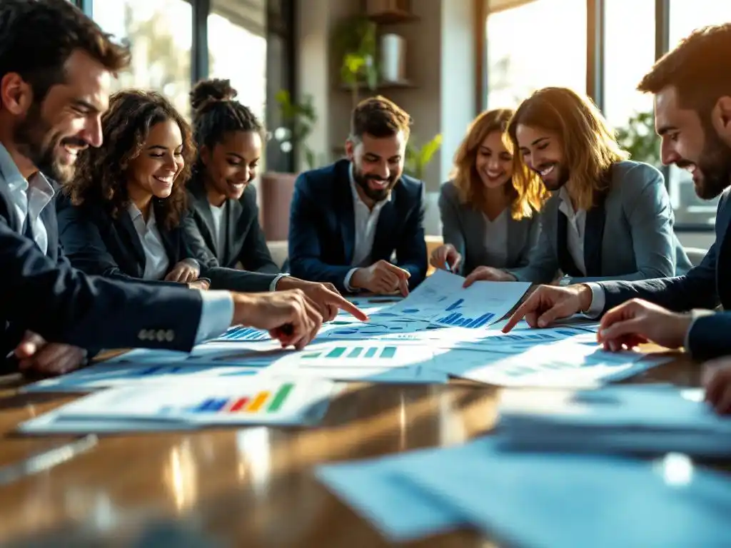 Diverse zakelijke professionals bespreken positieve financiële grafieken en groeicijfers aan vergadertafel in modern kantoor