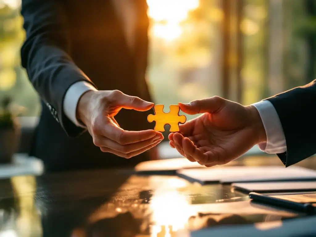 Directeur overhandigt houten puzzelstuk aan werknemer over conferentietafel in kantoor met natuurlijk licht