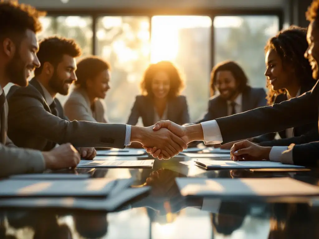 Diverse zakenmensen leggen handen samen boven contracten aan vergadertafel in gouden licht