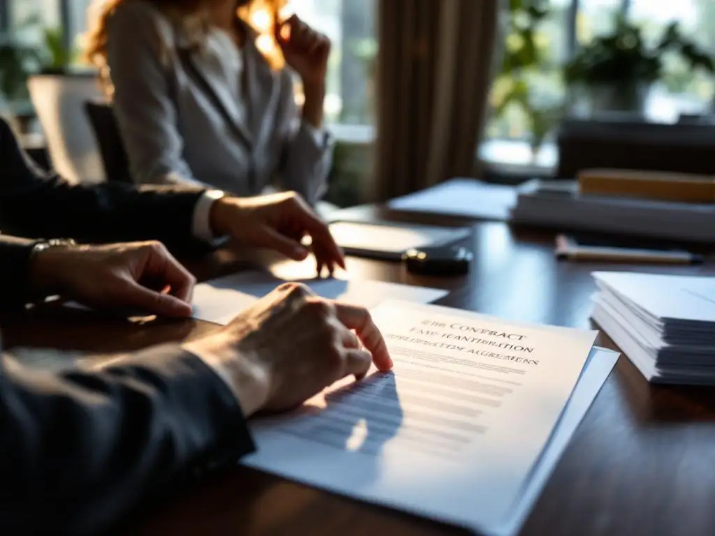 Zakenvrouw wijst naar contractclausules tijdens professionele vergadering met werknemers aan houten conferentietafel
