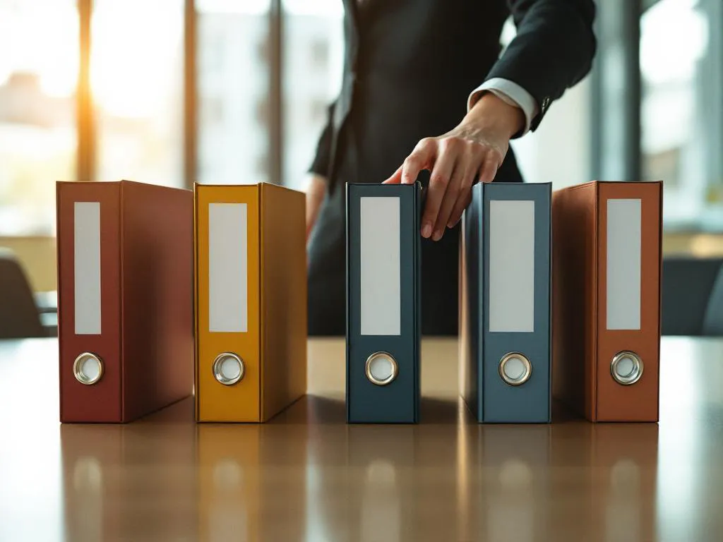 Zakenvrouw selecteert middendossier uit rij van vijf gekleurde mappen op vergadertafel in kantoor