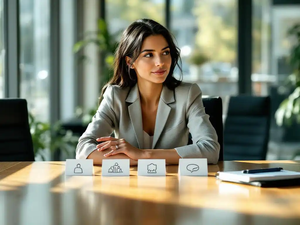 Professionele zakenvrouw plant strategisch aan vergadertafel met pictogramkaarten voor community engagement