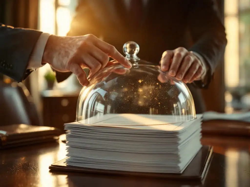 Zakenman plaatst beschermende glazen koepel over stapel stemformulieren en aandeelhouderscertificaten op bureau