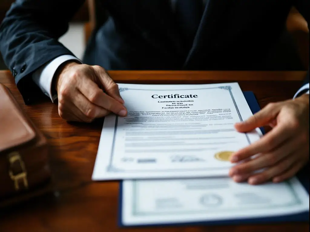 Zakenman in pak bekijkt certificaatdocument aan mahonieholuten bureau met aktetas en bedrijfsstempel