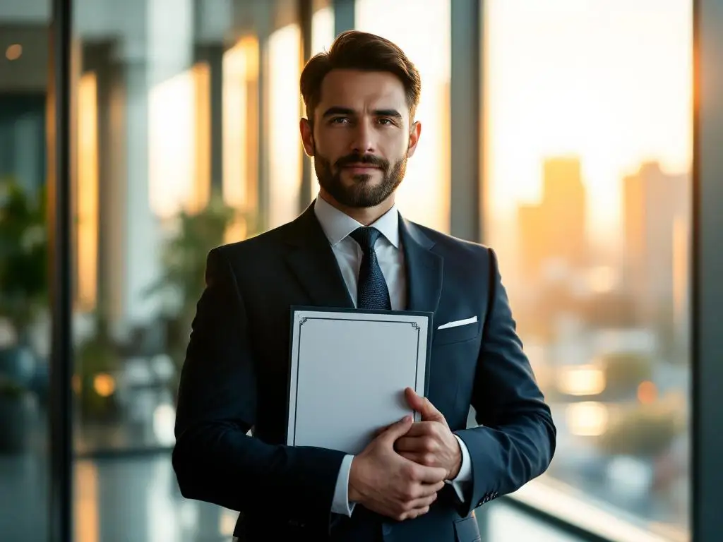 Zakenman in marineblauw pak houdt certificaat vast in modern kantoor met stadsgezicht op achtergrond
