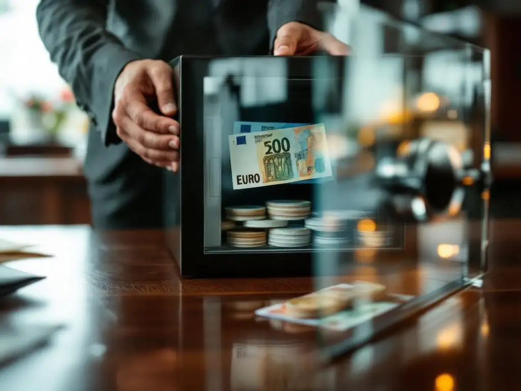 Zakenman plaatst eurobiljetten in glazen kluis met documenten op mahonie bureau in kantoor