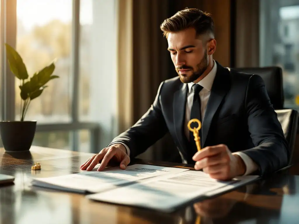 Zakelijke professional in pak houdt gouden sleutel vast aan conferentietafel met documenten en kantoorgebouw model