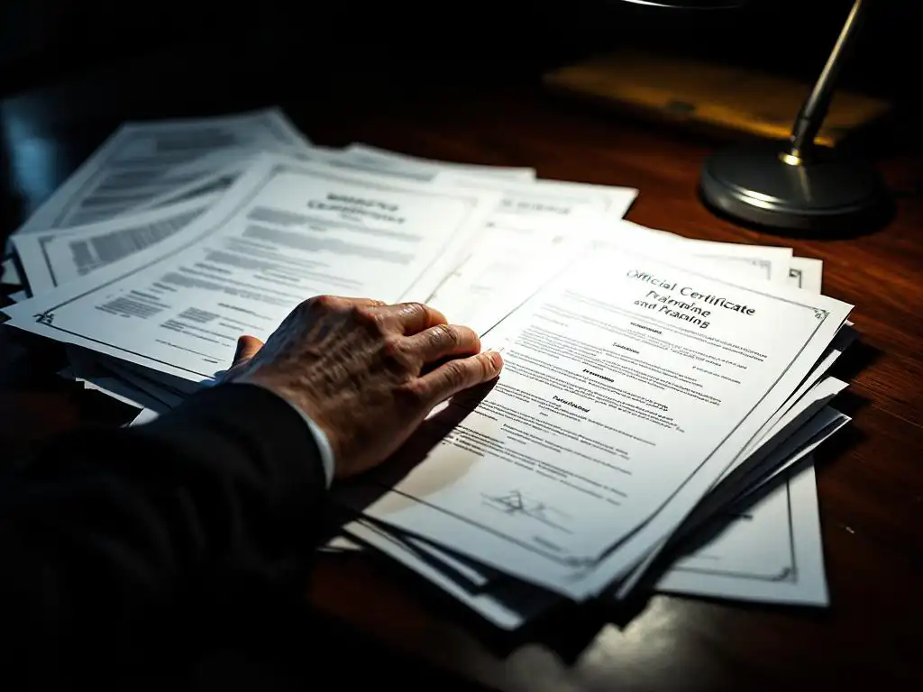 Zakenman's hand aarzelt boven stapel verouderde werkplaatscertificaten en trainingsdocumenten op donker mahoniehout bureau