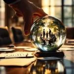 Zakenman houdt glazen bol met miniatuur kantoormedewerkers boven vergadertafel met financiële documenten