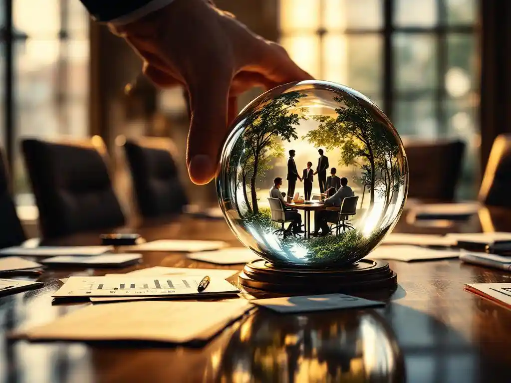 Zakenman houdt glazen bol met miniatuur kantoormedewerkers boven vergadertafel met financiële documenten