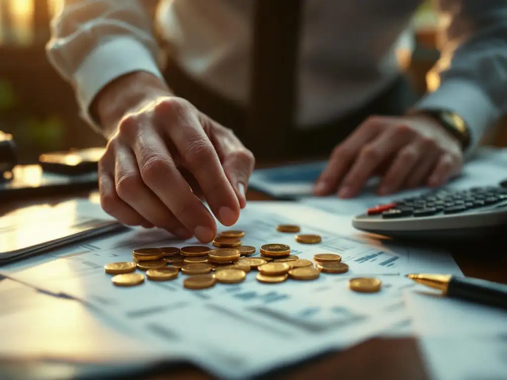 Zakenman onderzoekt aandelencertificaten met gouden munten op mahoniehouden bureau met calculator en vulpen