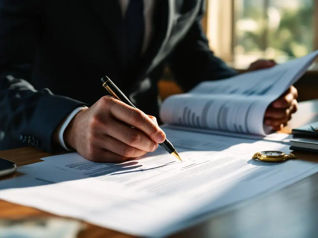 Zakenman in pak bestudeert juridisch document met grafieken op mahonie bureau, vulpen en zakhorloge ernaast