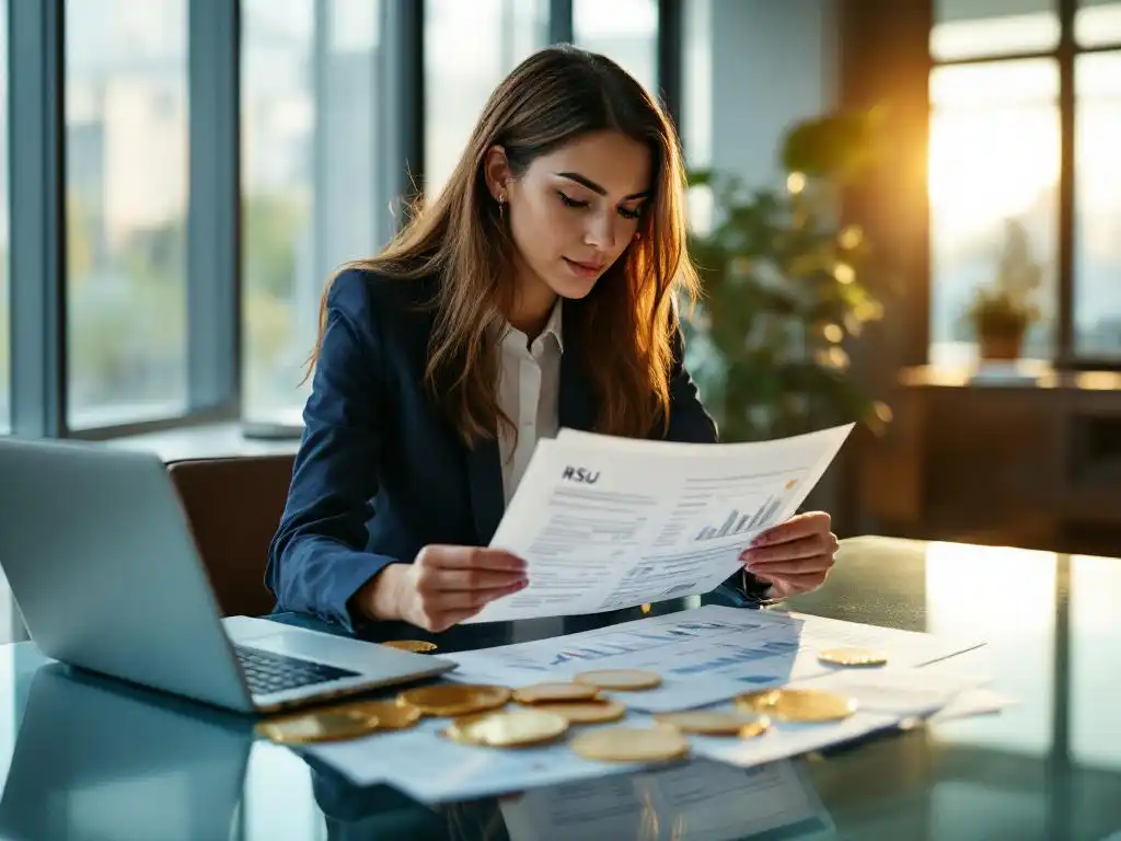 Zakenvrouw in marineblauw pak bekijkt aandeelcertificaat aan glazen bureau met laptop en financiële grafieken