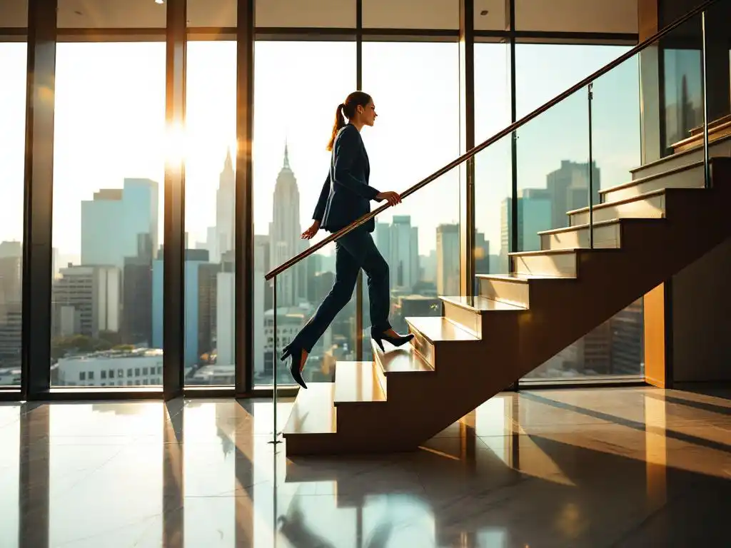 Zakenvrouw in marineblauw pak klimt trap in modern kantoor, symboliseert carrièregroei en zakelijk succes