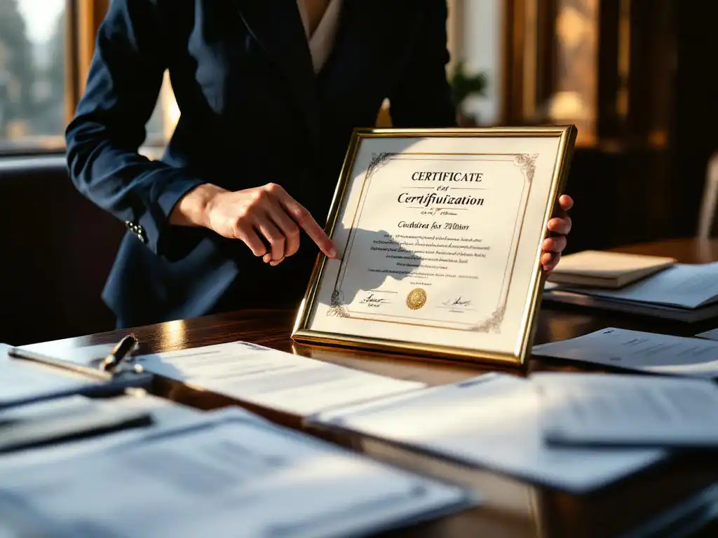 Professionele zakenvrouw toont certificaat aan bureau met kwalificatiedocumenten in kantoor met natuurlijk licht
