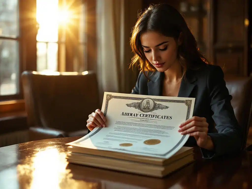 Professionele zakenvrouw bekijkt certificaat aan houten conferentietafel in kantoor met warm licht
