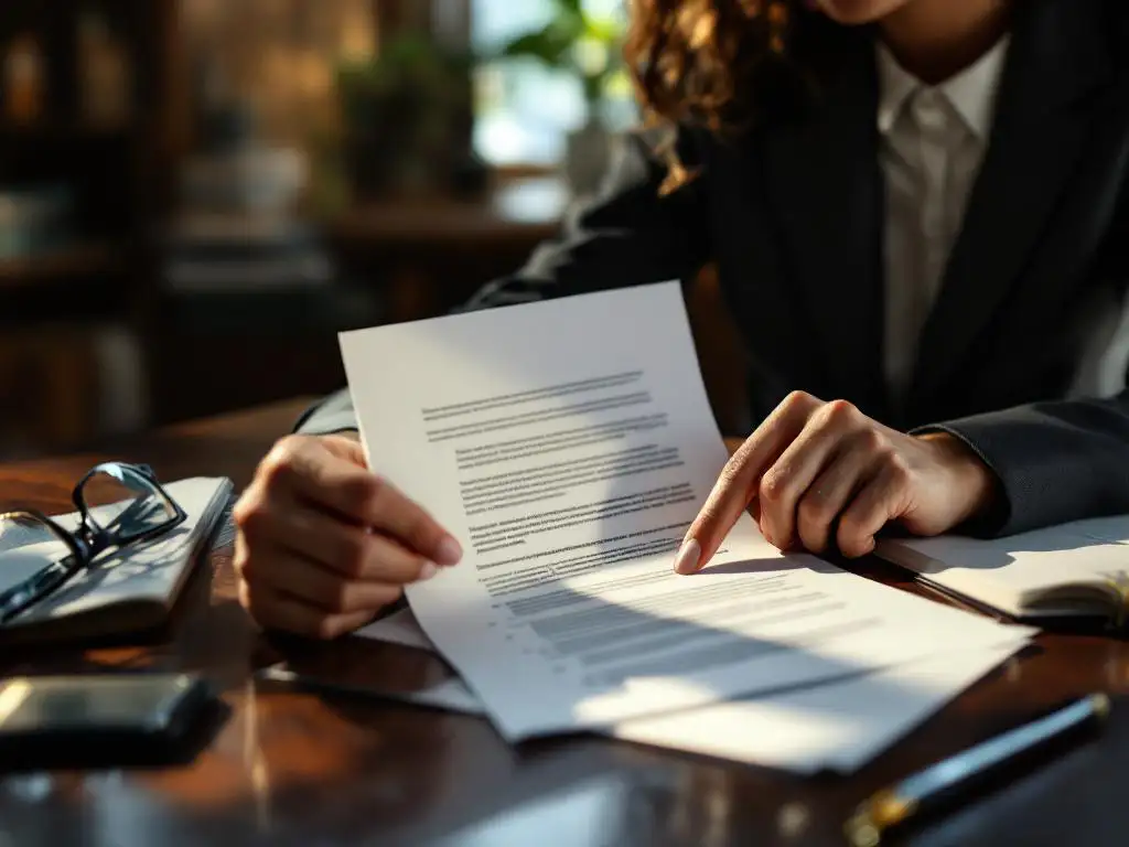 Zakenvrouw in pak bestudeert arbeidscontract met sceptische blik aan bureau met pen en bril