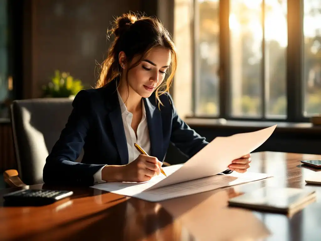 Zakenvrouw in marineblauw pak bekijkt financieel document aan vergadertafel met pen, calculator en smartphone