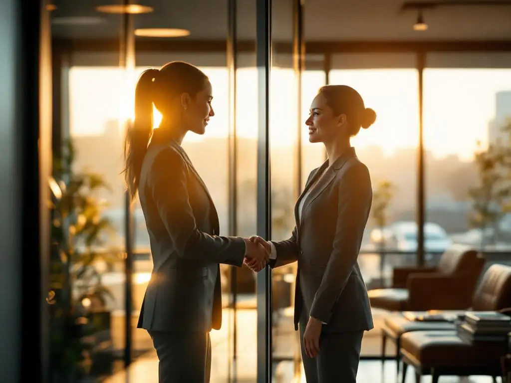 Zakenvrouw in pak schudt handen met haar spiegelbeeld in kantoorvenster, moderne boardroom op achtergrond