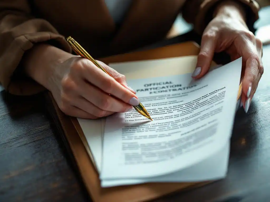 Zakelijke documenten en contracten in leren portfolio met gouden pen op bureau, professionele kantooromgeving
