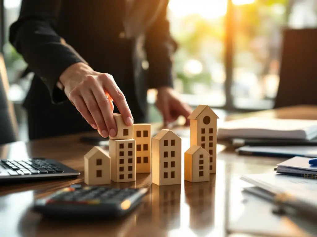Zakenvrouw arrangeert houten huisjes en kantoorgebouwen op vergadertafel met calculator en financiële documenten