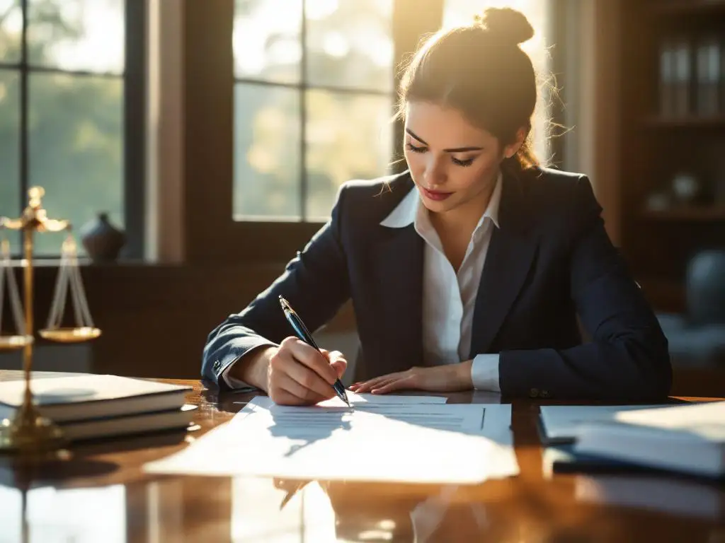 Professionele zakenvrouw in marineblauw pak bestudeert juridische documenten aan mahonie vergadertafel in kantoor