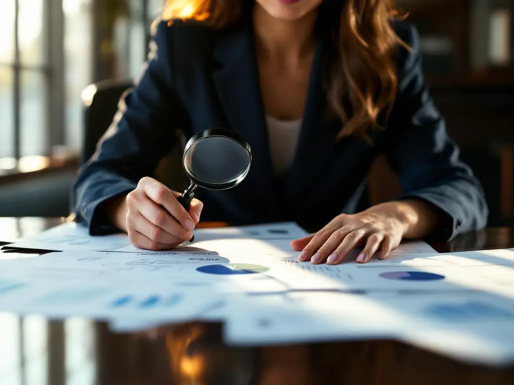 Zakenvrouw in marineblauw pak onderzoekt financiële documenten met vergrootglas op mahonie bureau in kantoor