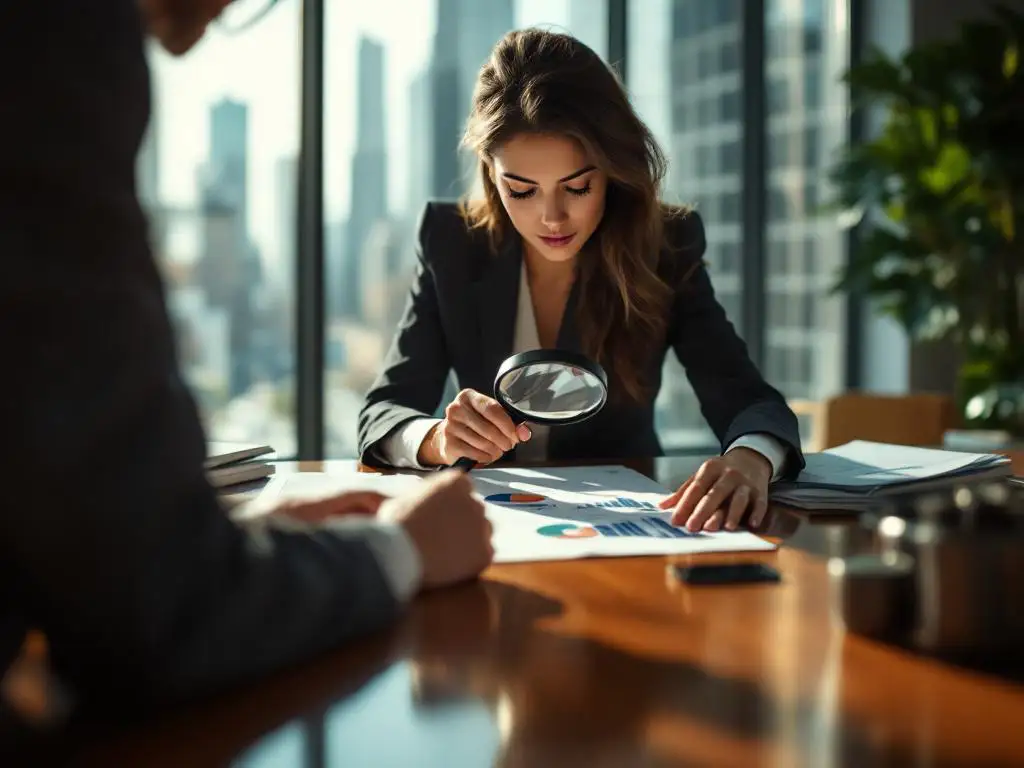 Professionele zakenvrouw onderzoekt financiële documenten met vergrootglas op kantoor met stadsuitzicht