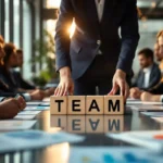 Zakenvrouw in marineblauw pak plaatst houten blokken met "TEAM" op vergadertafel met grafieken en collega's eromheen