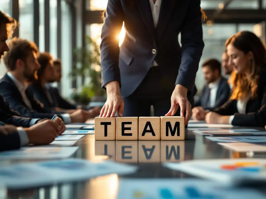 Zakenvrouw in marineblauw pak plaatst houten blokken met "TEAM" op vergadertafel met grafieken en collega's eromheen