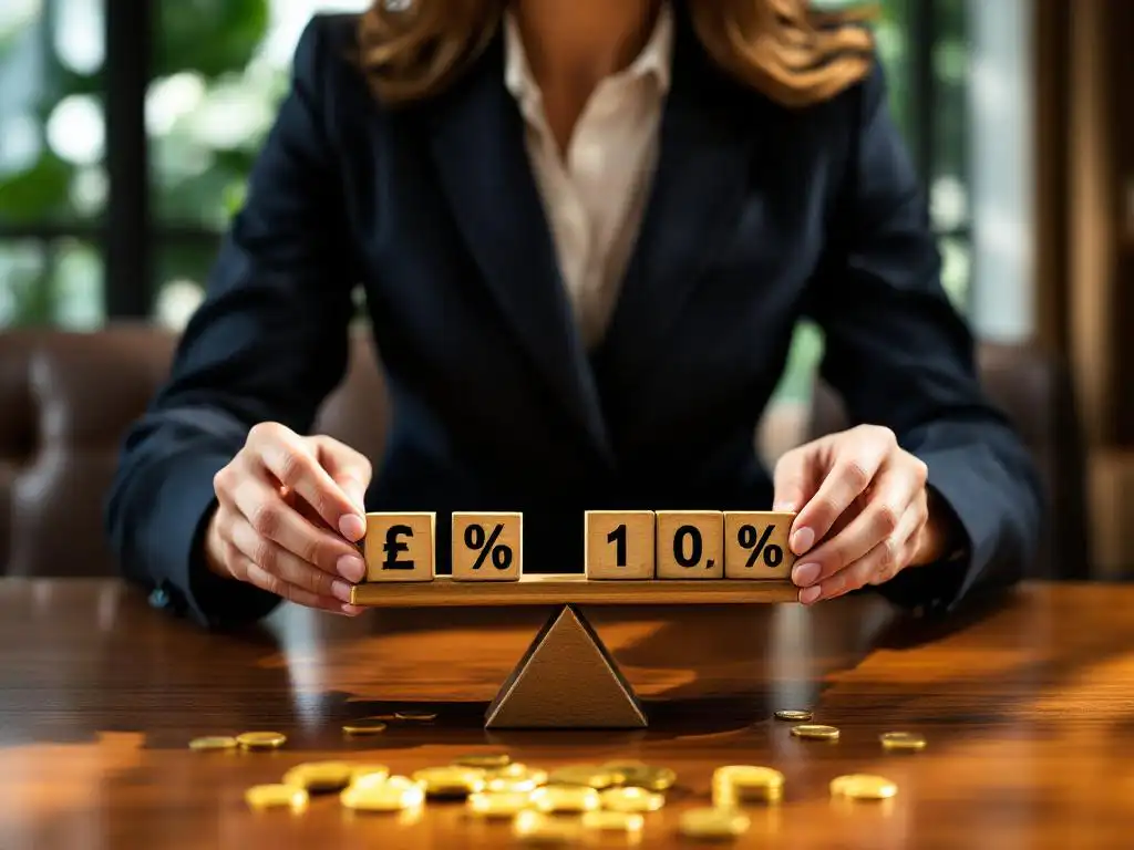 Zakenvrouw in marineblauw pak plaatst houten blokken met percentagesymbolen op weegschaal naast gouden munten op bureau