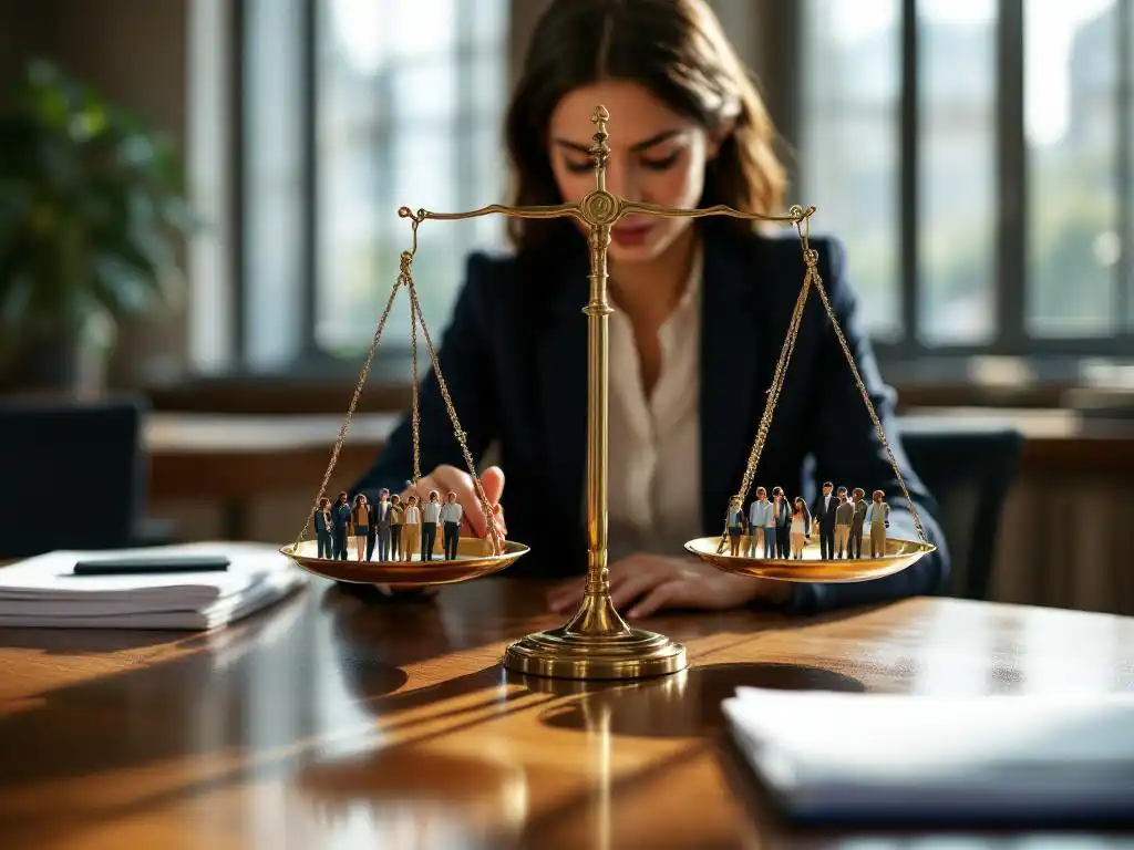 Zakenvrouw onderzoekt weegschaal met documenten en gemeenschapsfiguren op houten vergadertafel in kantoor
