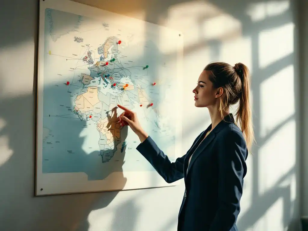 Zakenvrouw in marineblauw pak wijst naar wereldkaart met gekleurde punaises die internationale locaties markeren