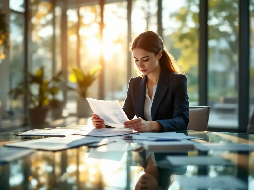 Zakenvrouw bekijkt personeelsdocumenten aan glazen vergadertafel in modern kantoor met natuurlijk licht