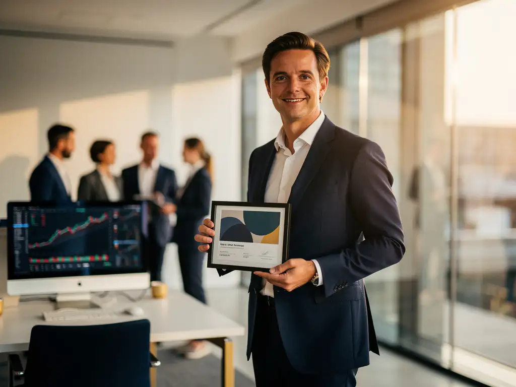 Professional houdt ingelijst aandeelcertificaat vast in modern Nederlands kantoor met collega's en handelsterminal op achtergrond.