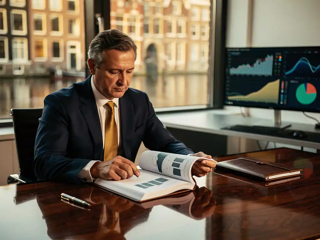 Zakenexecutive bestudeert aandeelhoudersrapport aan mahonie bureau, handelsterminal op achtergrond, Amsterdamse grachtenarchitectuur zichtbaar.