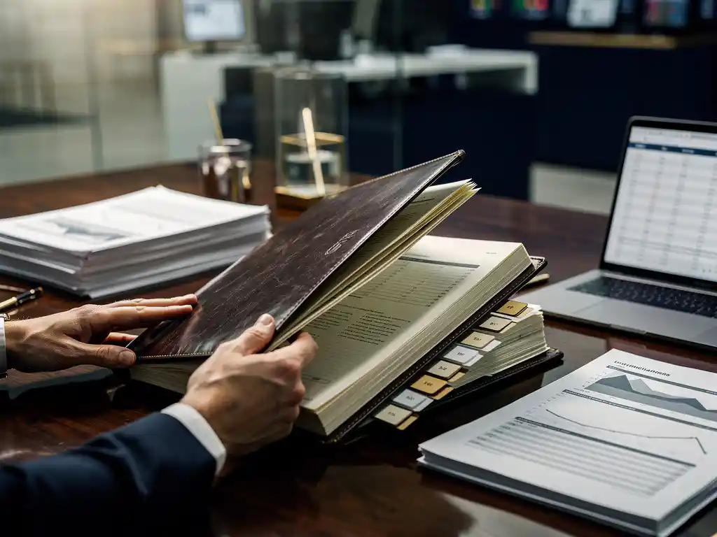 Handen van een financieel beheerder die een leren aandeelhoudersregister ordent op een mahonihouten bureau met zakelijke documenten en laptop.