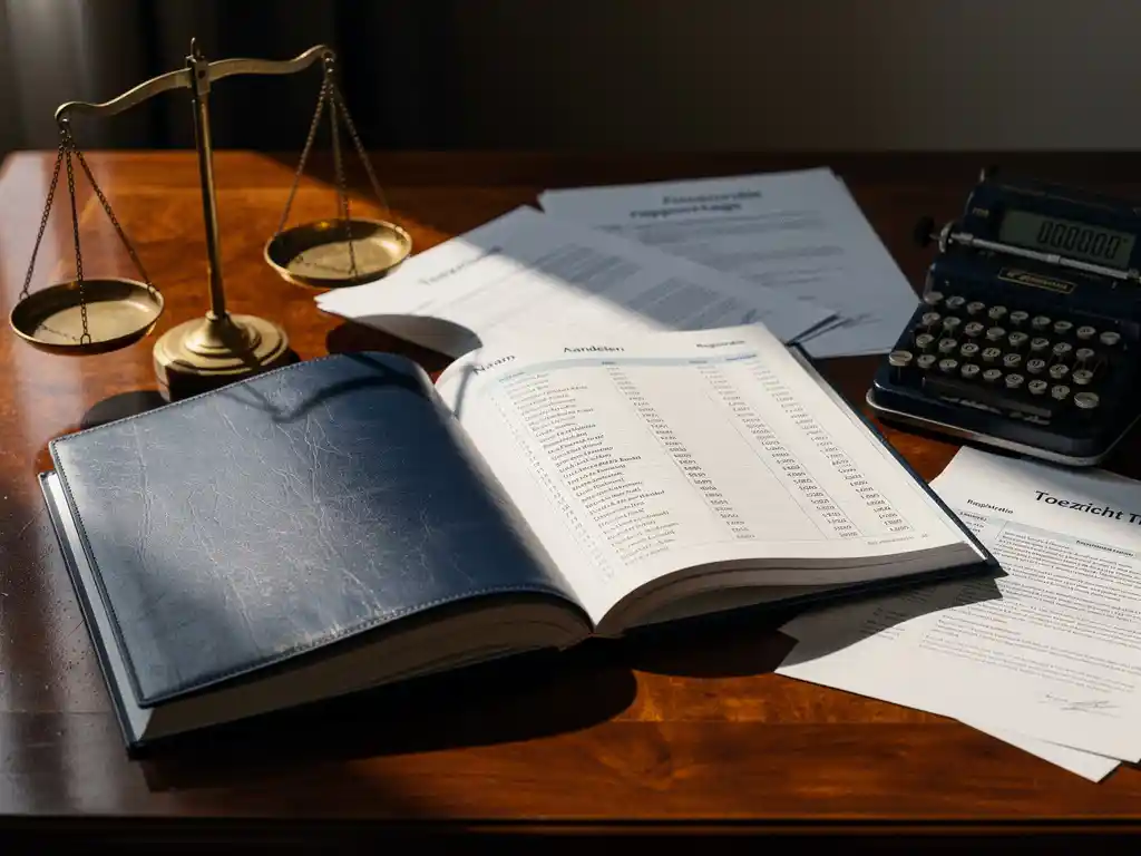 Open aandeelhoudersregister op mahonihouten bureau met Nederlandse financiële compliance-documenten, messing weegschaal en mechanische rekenmachine.