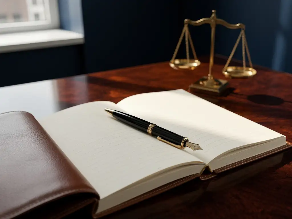 Open leren aandeelhoudersregister op mahonie bureau met vulpen, messing weegschaal op achtergrond, Nederlands financieel kantoor.