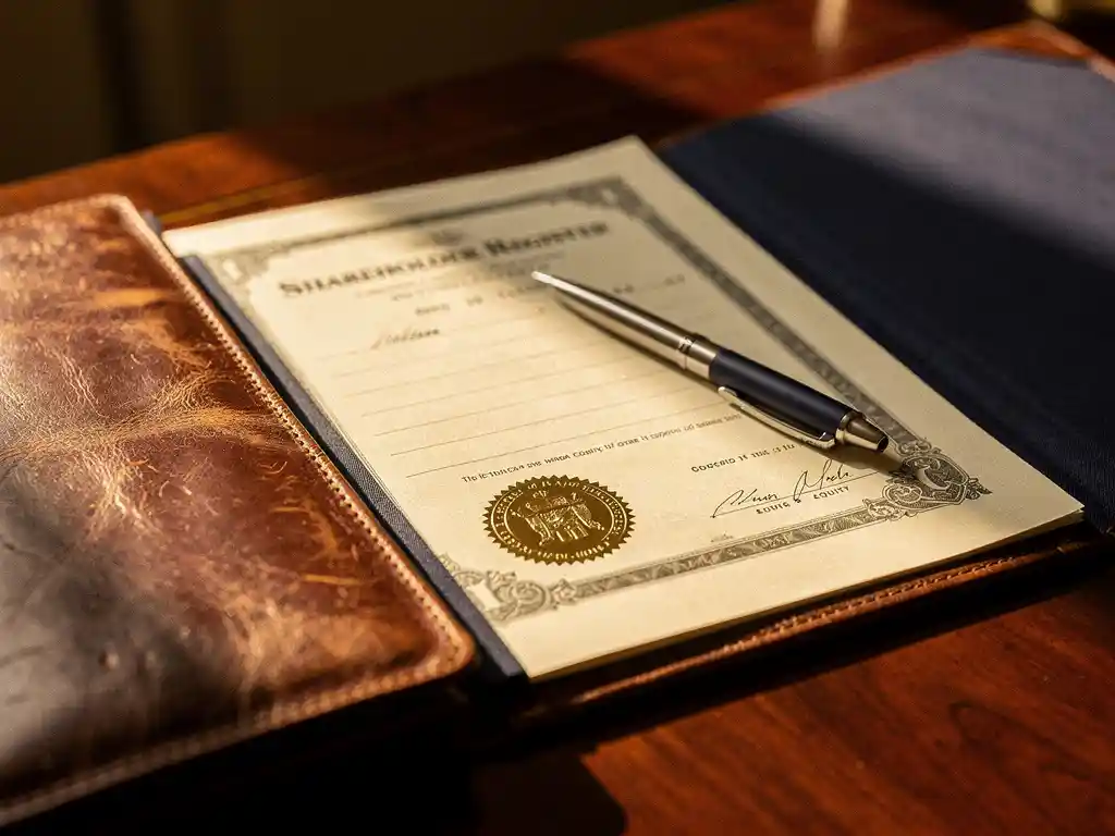 Opengeslagen leren portfolio op mahonihouten bureau met handgeschreven aandeelhoudersregister en aandelencertificaat met reliëfzegel.