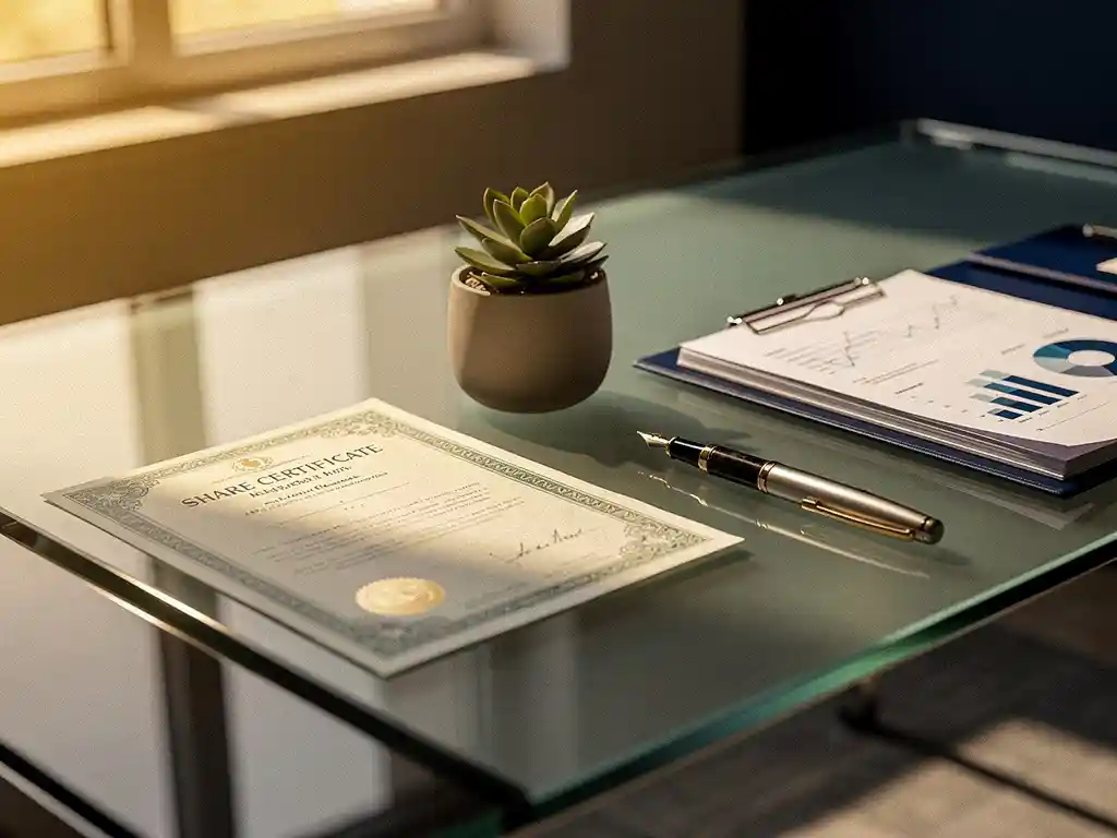 Glazen bureau met aandelencertificaat, vulpen en financiële documenten naast een kleine vetplant in warm amberkleurig licht.