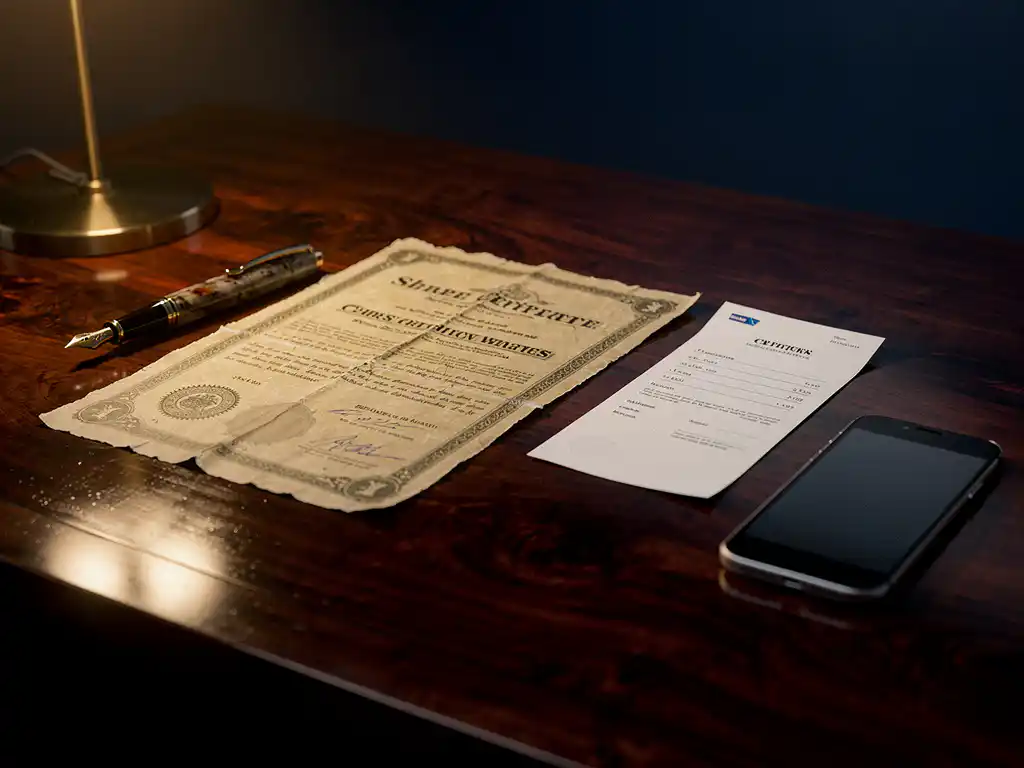 Verouderd aandelencertificaat naast moderne handelsbevestiging op mahoniehout bureau, met vulpen en smartphone.