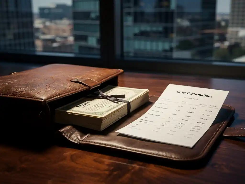 Openliggende leren aktetas op mahoniehout bureau met aandelencertificaten en handelsbevestigingen, Amsterdams financieel district op achtergrond.