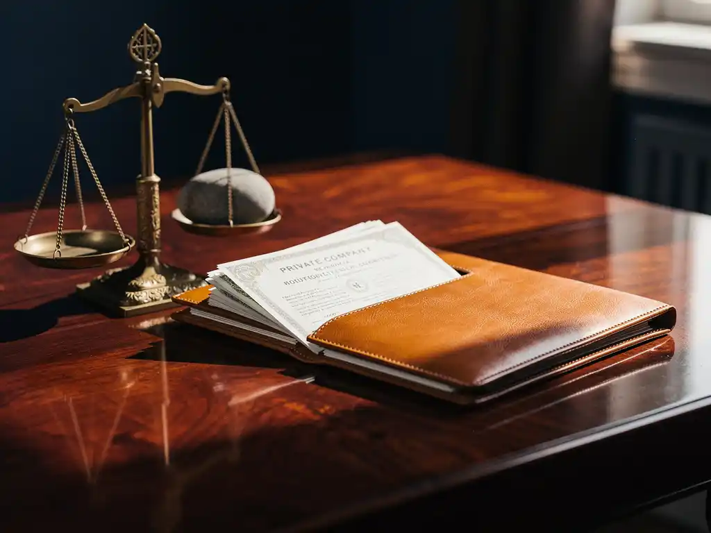 Leren portfolio op mahonie bureau met vintage messing weegschaal die aandeelcertificaten balanceert tegen een riviersteen, warm natuurlijk licht.
