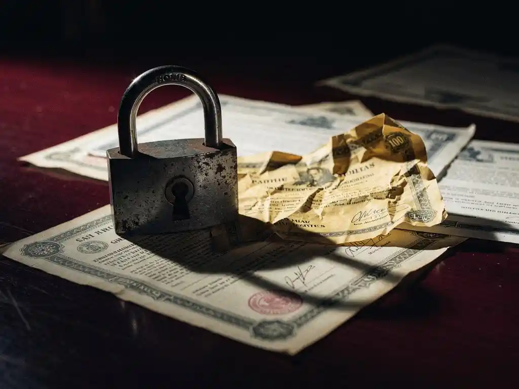 Gesloten ijzeren hangslot op vergeelde aandelencertificaten en financiële documenten op een donker mahonie bureau.