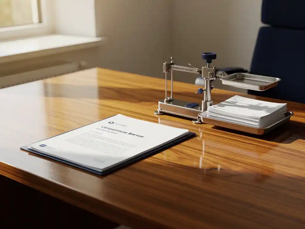 Mechanische weegschaal op eikenhouten bureau balanceert administratiedocumenten tegen lege schaal, symboliseert verminderde regeldruk.