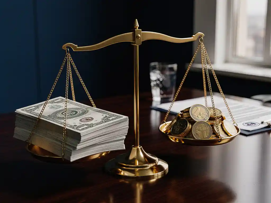 Messing balansweegschaal met financiële certificaten en euromunten op een mahonie bureau, zachte kantoorverlichting.